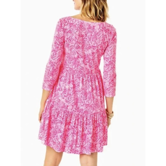 Lilly Pulitzer Dress Geanna Womens Large Pink Floral Tiered Cotton Boho Casual - Picture 2 of 6